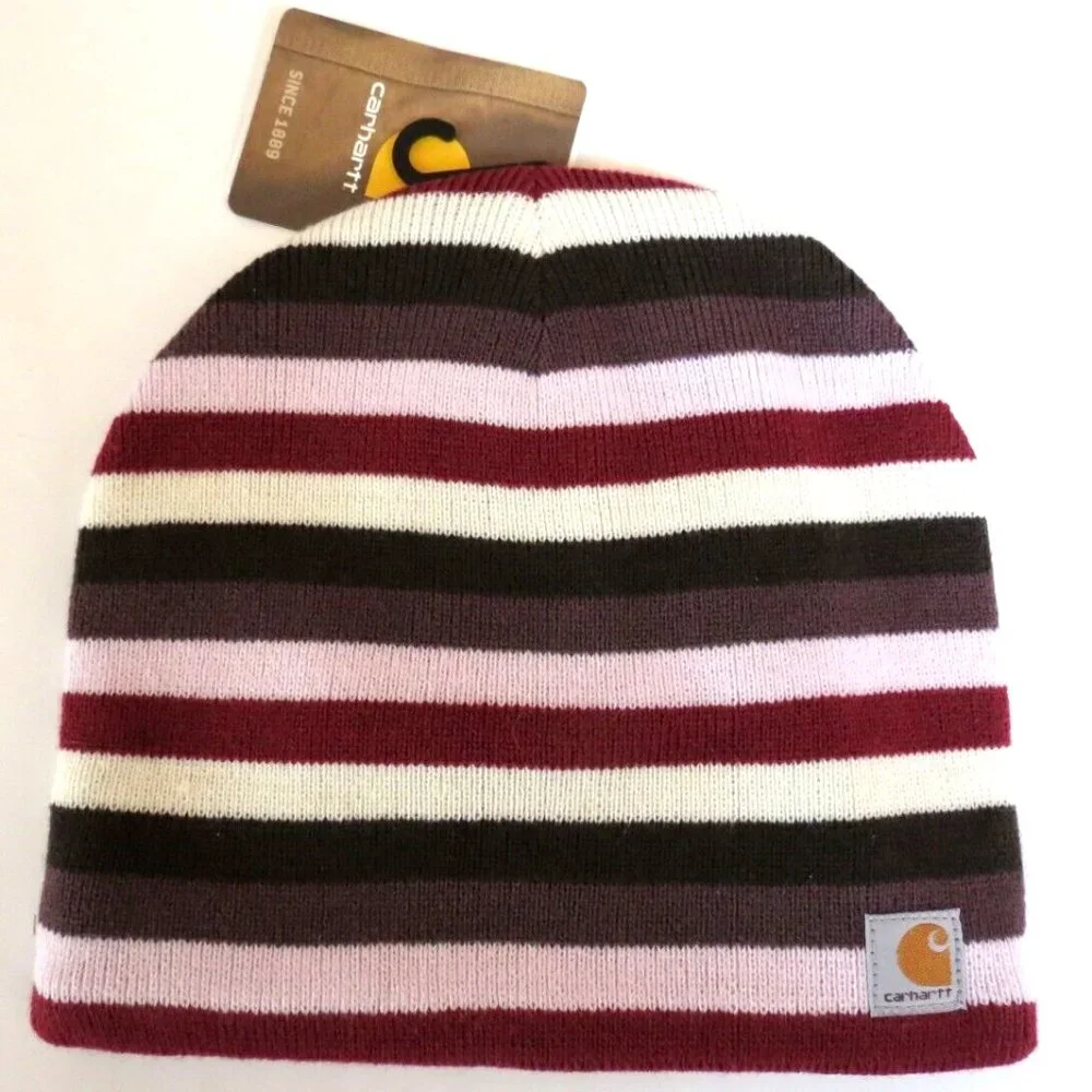 Carhartt Beanie Fleece Lined Cranberry Stripes - Picture 1 of 8